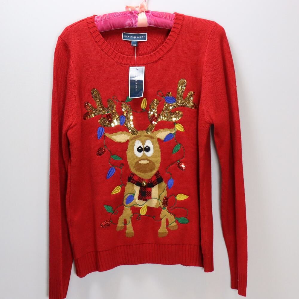 Karen Scott Red Sequin Reindeer Christmas Sweater NWT Size L